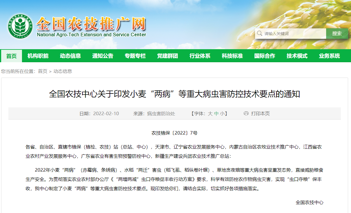 全國(guó)農(nóng)技中心關(guān)于印發(fā)小麥“兩病”等重大病蟲(chóng)害防控技術(shù)要點(diǎn)的通知
