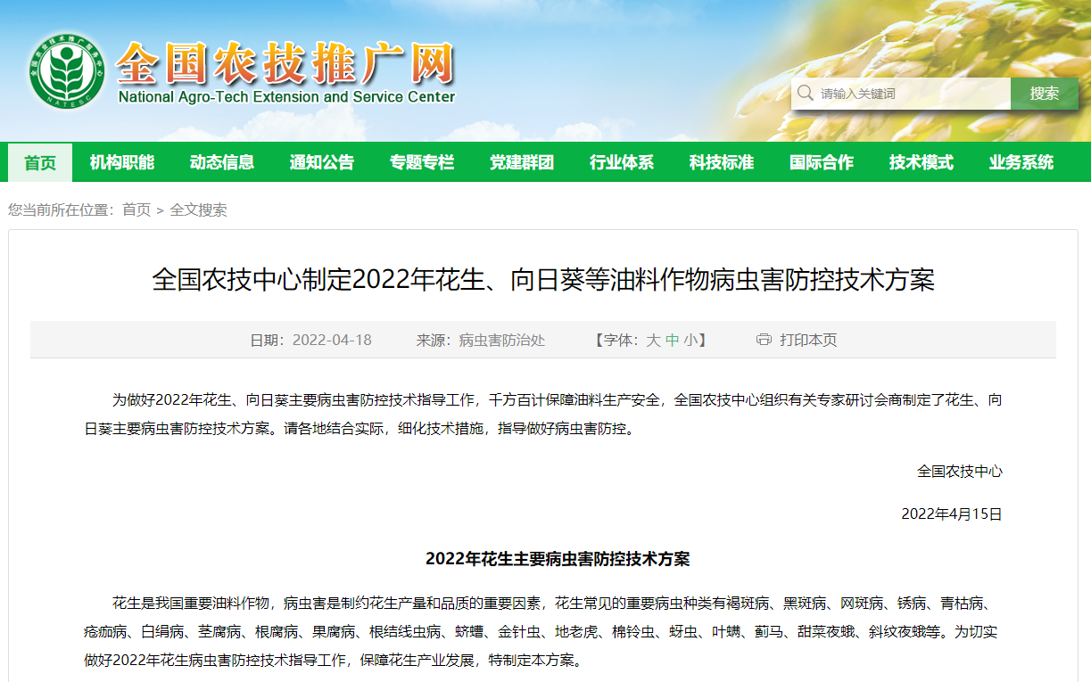 全國農(nóng)技中心制定2022年花生、向日葵等油料作物病蟲害防控技術(shù)方案
